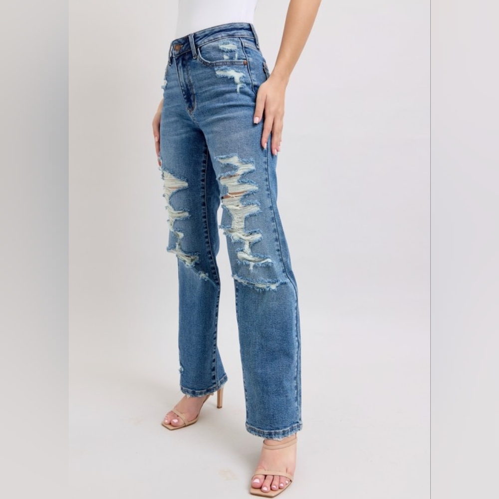 Judy Blue High-Rise Distressed Straight Leg Torn Hole Slim Fit Jeans Denim Pants - Picture 12 of 15